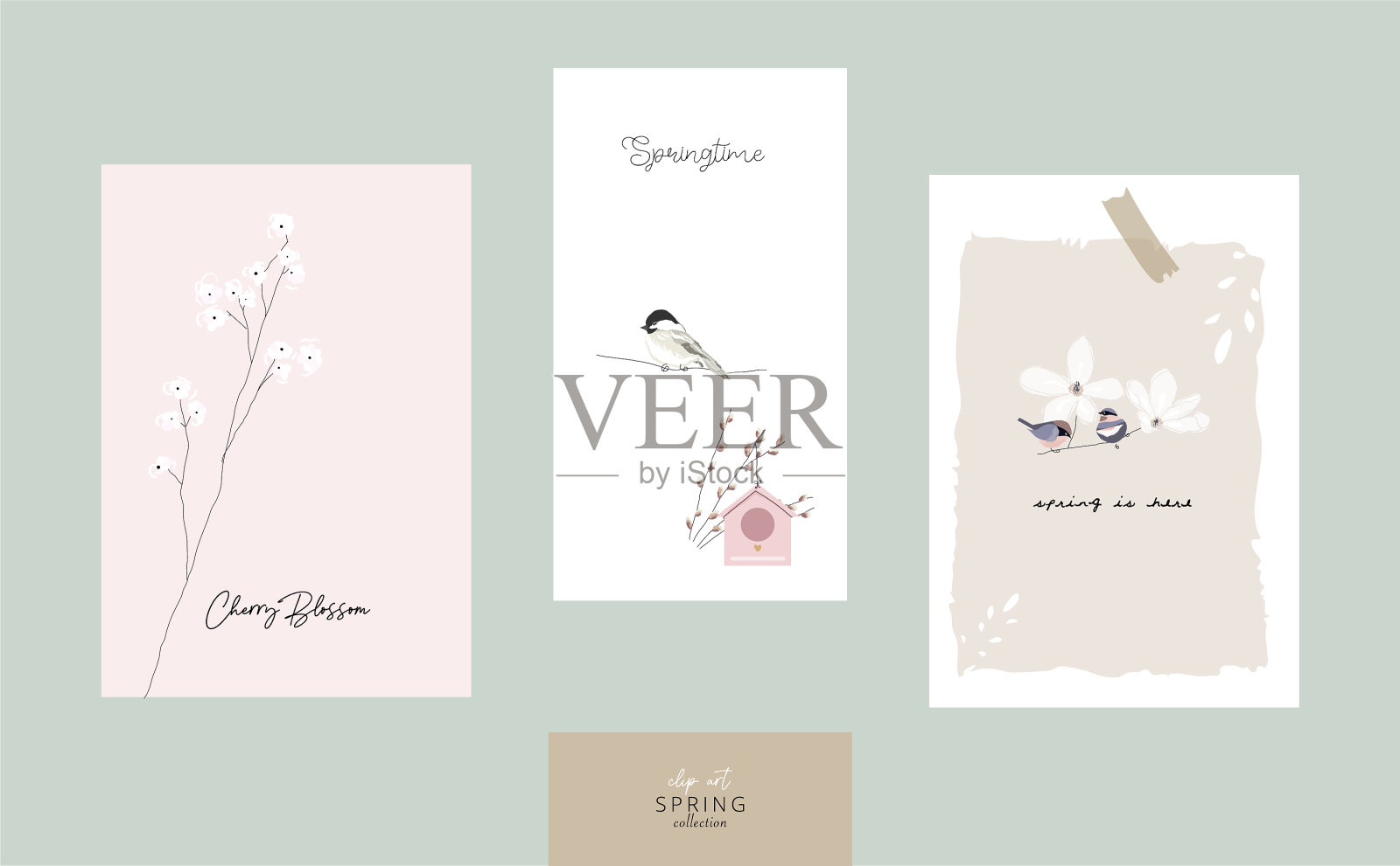 可爱的春天明信片手绘的春天插画图片素材