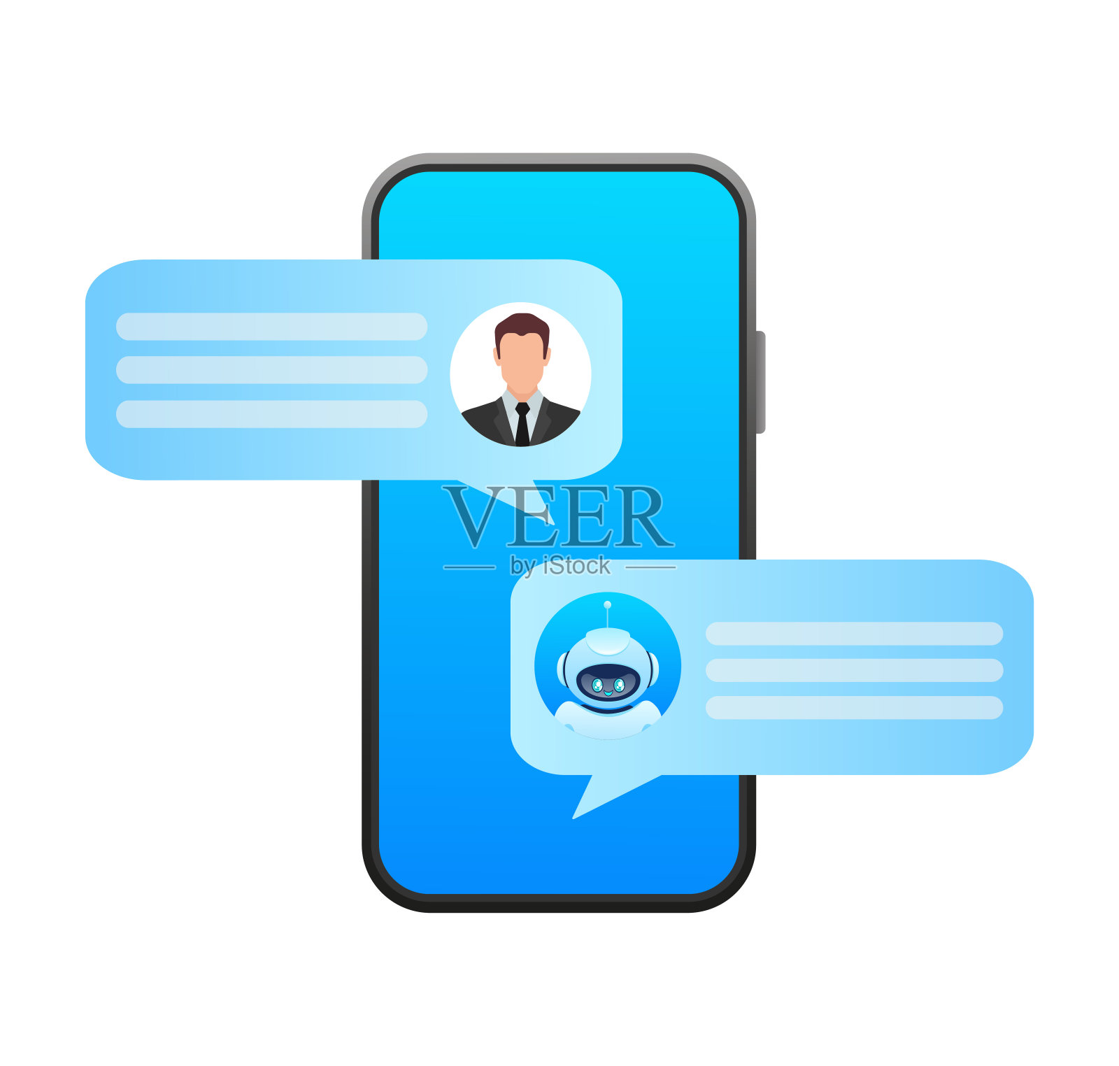 平面聊天机器人的网页设计。平面等距矢量图。人工智能插画图片素材