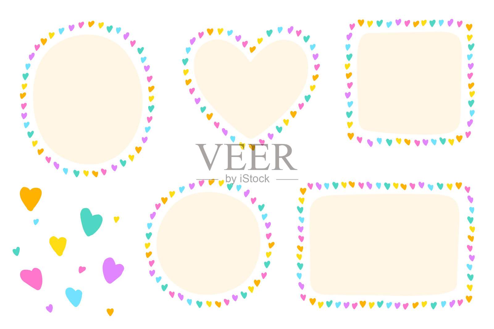 明亮的情人节心爱虚线涂鸦手绘绘制心圆方形椭圆形矩形便签纸形状边界框架板便签纸集背景向量插图插画图片素材