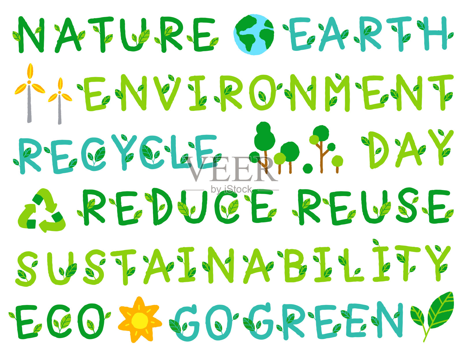 可爱的环境去绿色生态环境日叶可持续回收再利用减少字字体字母卡通手绘绘制绿色涂鸦集收集孤立向量插图图标插画图片素材