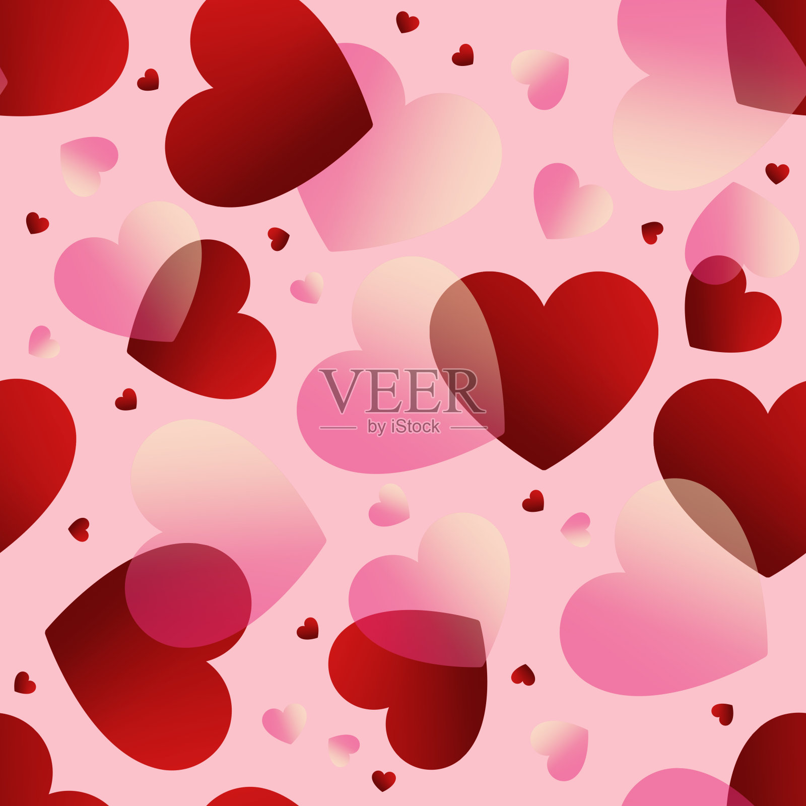 情人节。红色和粉红色玫瑰梯度心在黑色背景无缝背景。心纹理无缝的爱的背景与红色的心插画图片素材