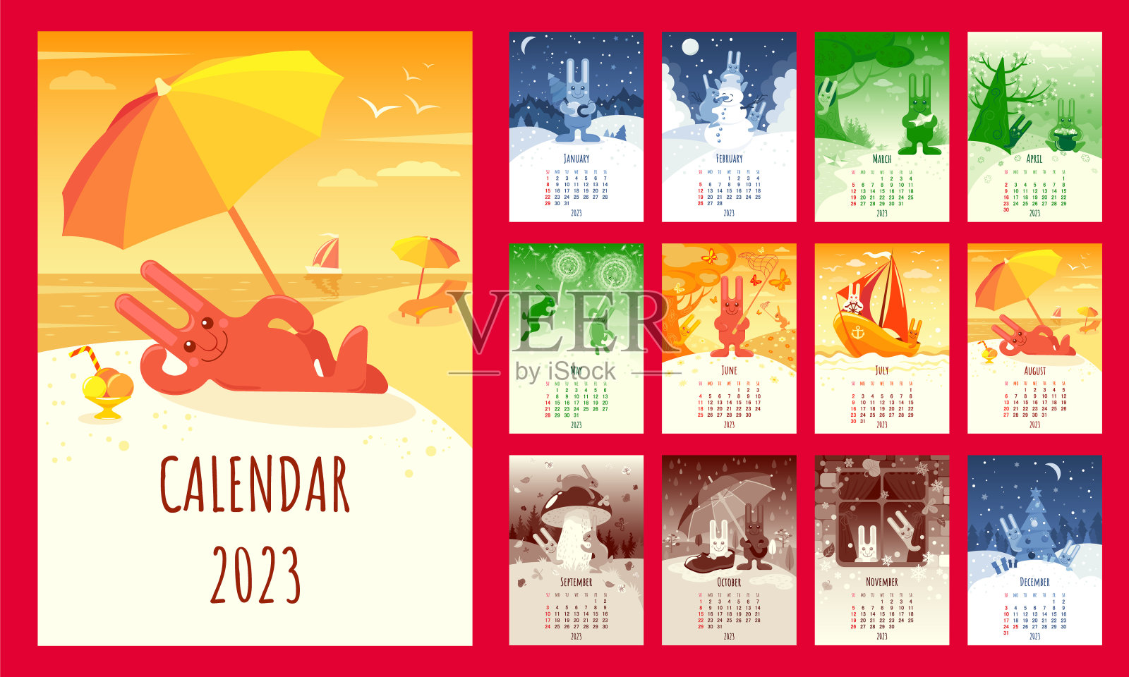 2023年日历12个月，象征着兔年设计模板素材