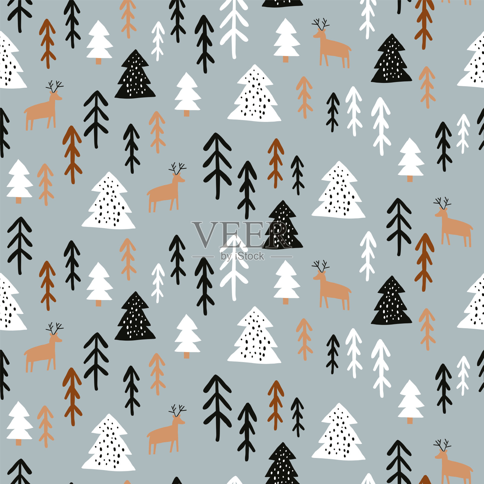 圣诞图案与无缝绘图的驯鹿，森林树和兔子。自然花卉绘画冬季和圣诞节假期。矢量插图准备打印。插画图片素材