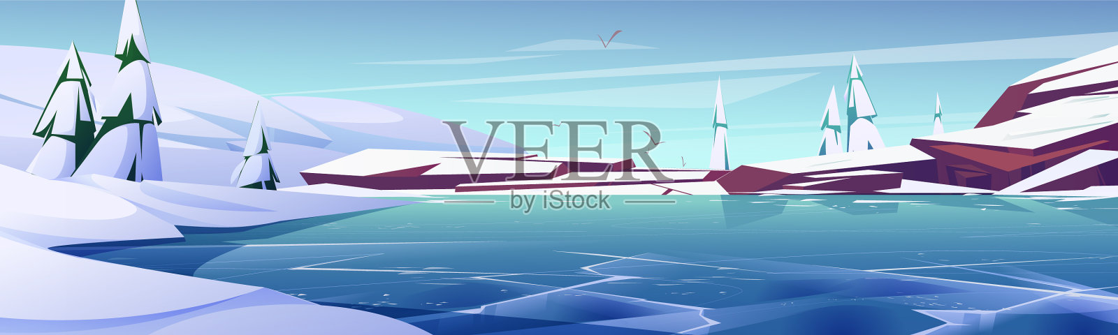 冬季森林景观中的冰冻池塘或湖泊插画图片素材