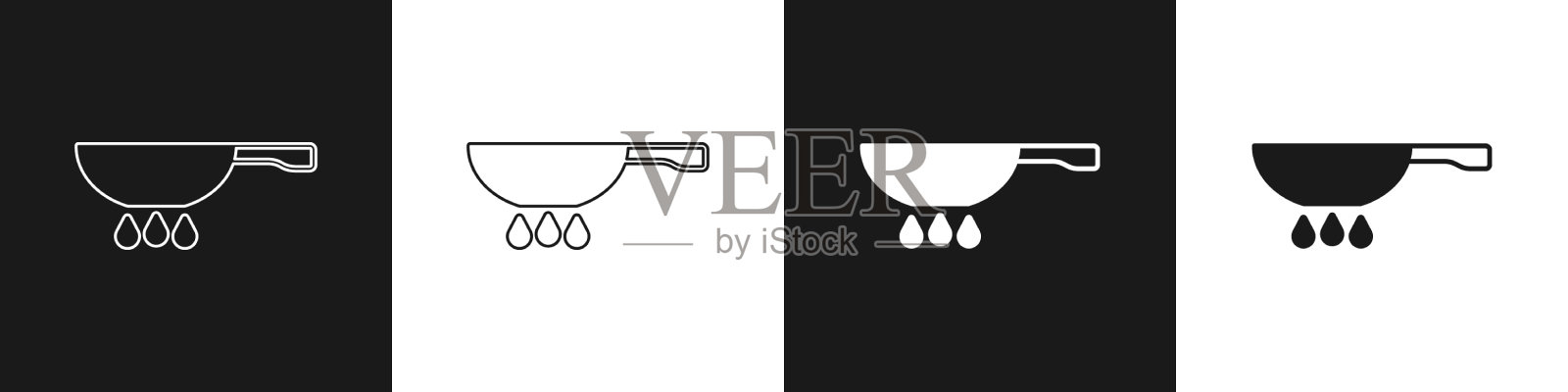 设置煎锅在火图标孤立的黑色和插画图片素材