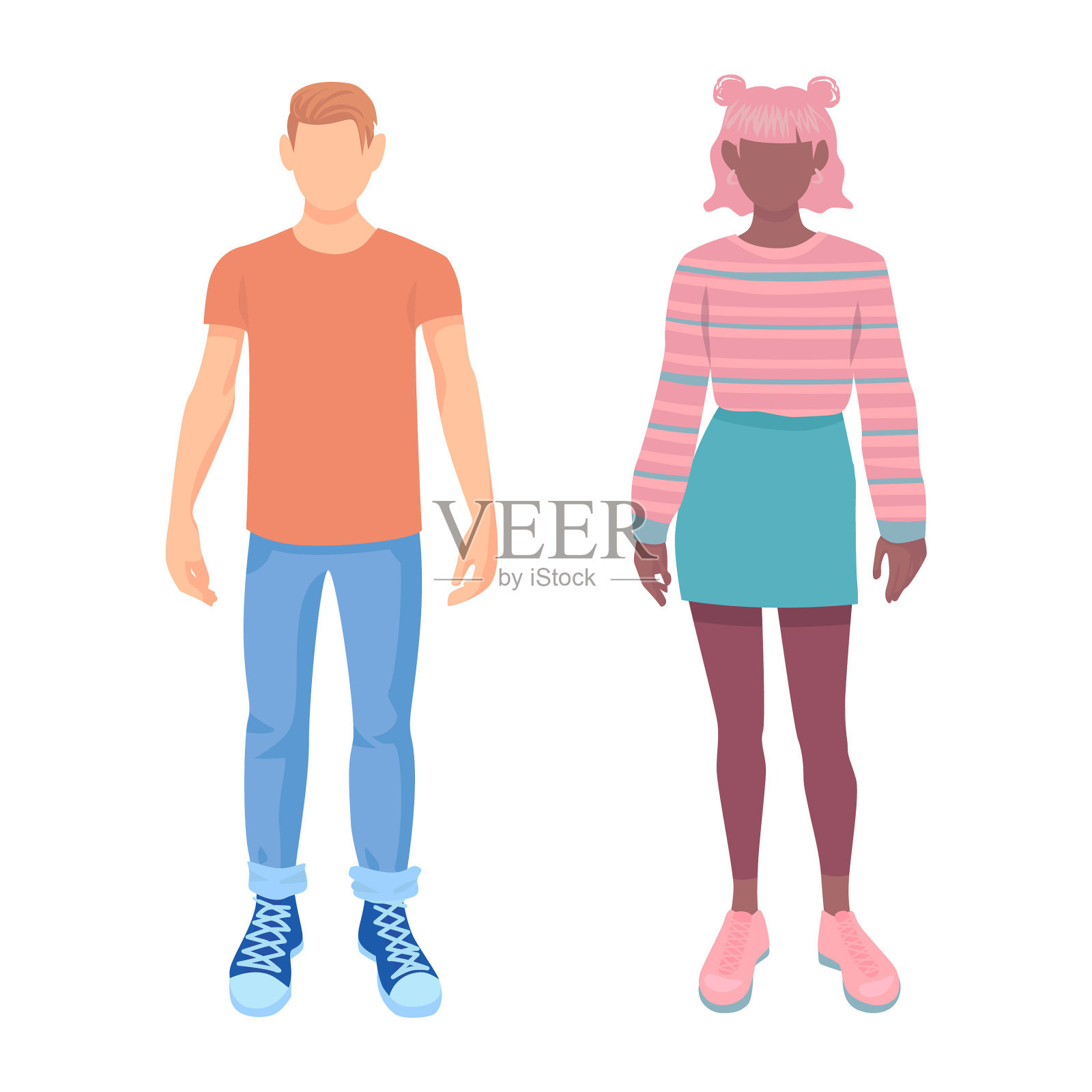 穿着时髦的男孩和十几岁的女孩在一个白色插画图片素材