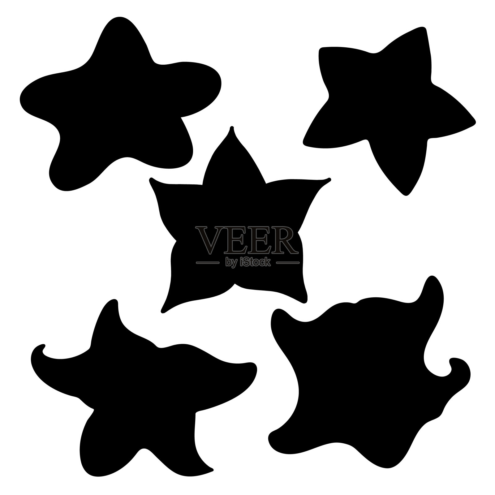 一套海星剪影。海星轮廓上集合。在白色背景上孤立的元素。设计元素图片