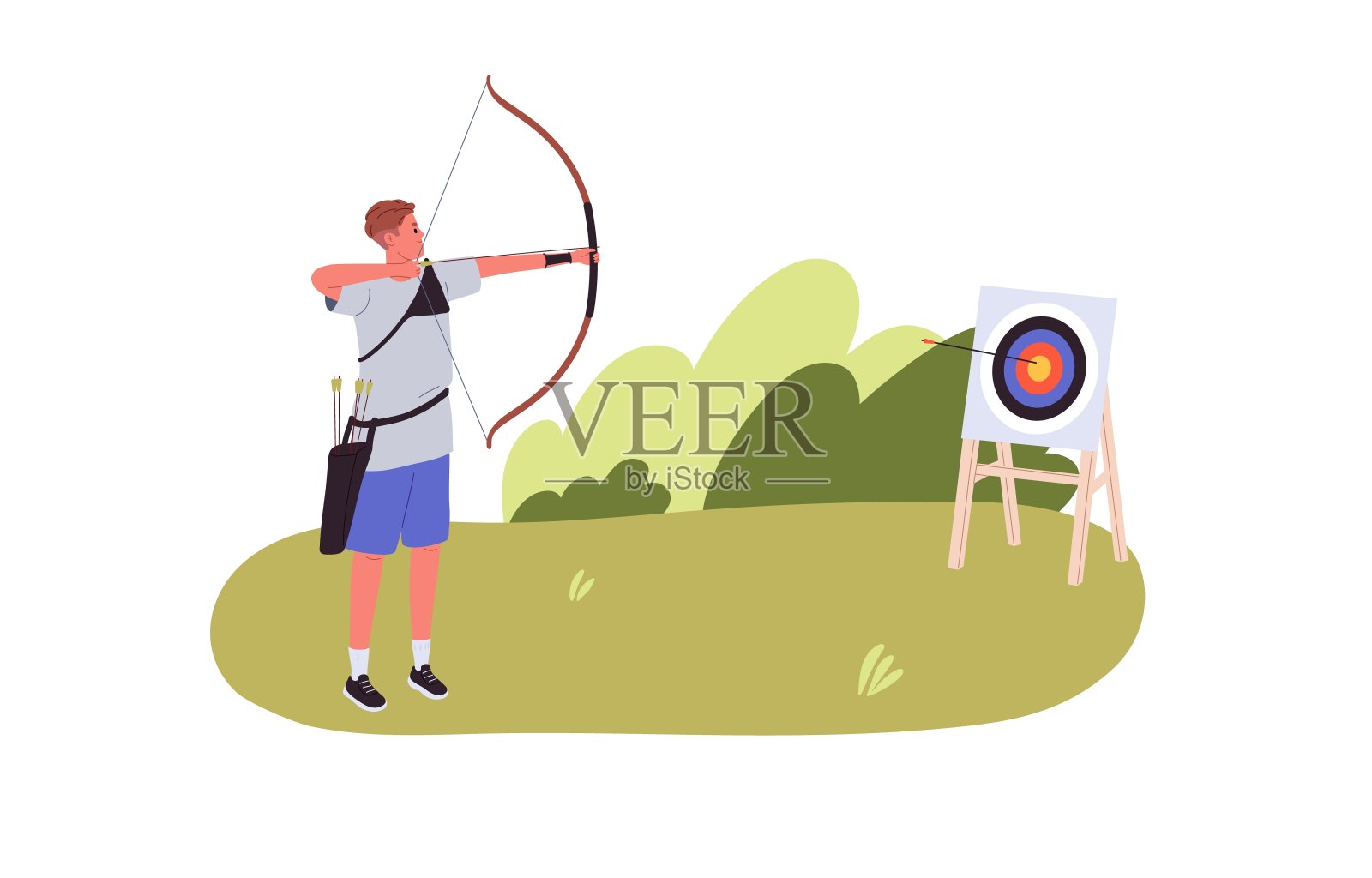 弓箭手在户外瞄准靶心。长弓射击手，训练有素。射箭的休闲活动。平面矢量插图孤立在白色背景设计元素图片