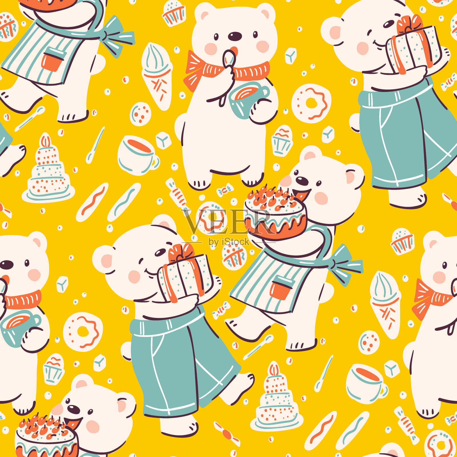 无缝图案与有趣的卡通熊插画图片素材