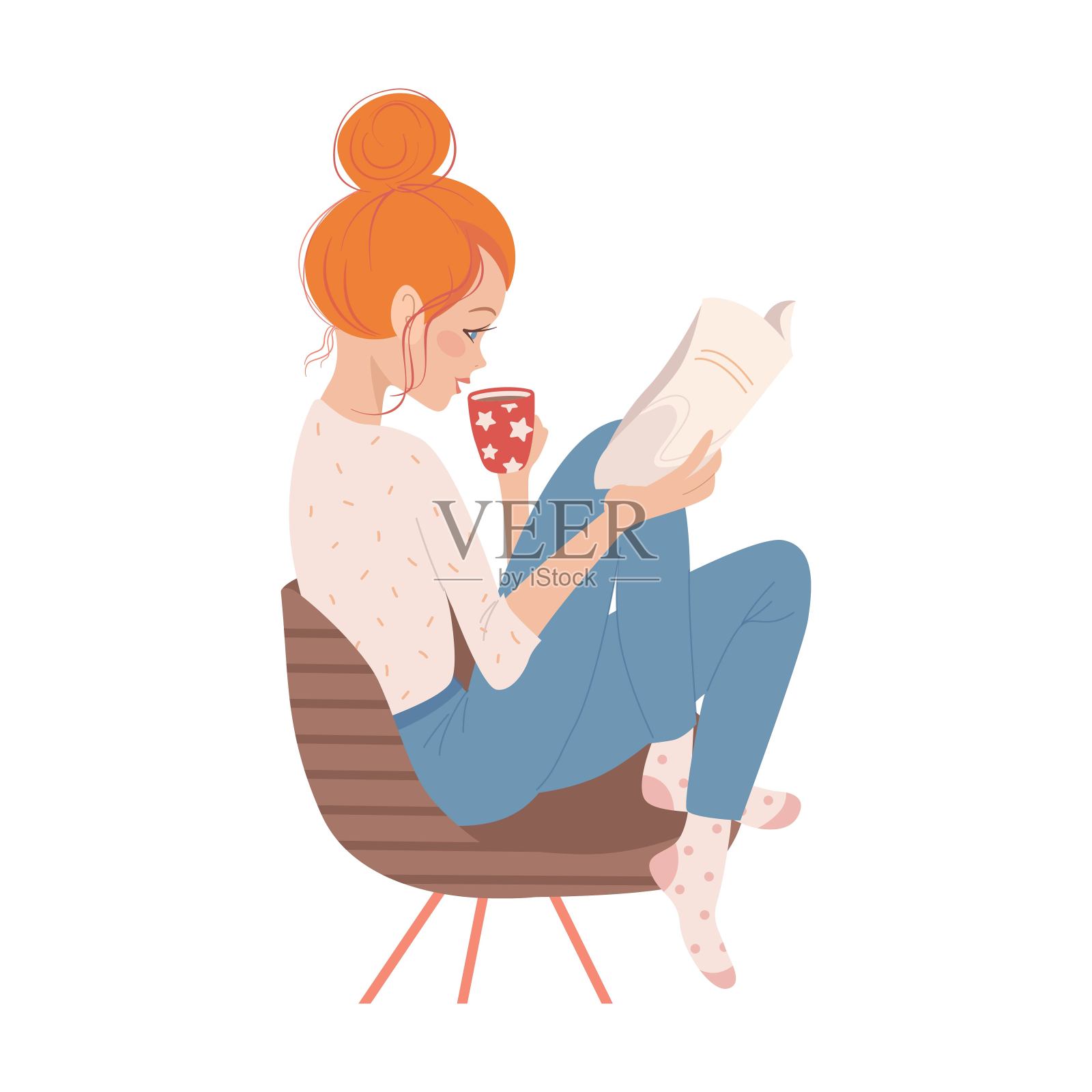 插图与茶时间的女孩与书。徒手画孤立在白色背景插画图片素材