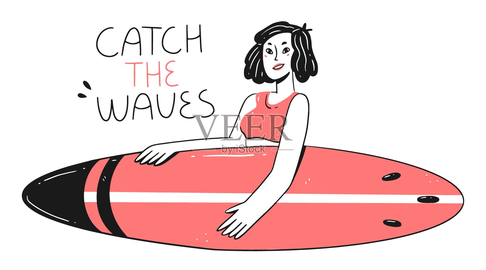一个快乐的女孩与冲浪板和铭文捕捉波浪在一个简单的线性涂鸦风格。冲浪者的性格。向量孤立的插图。插画图片素材