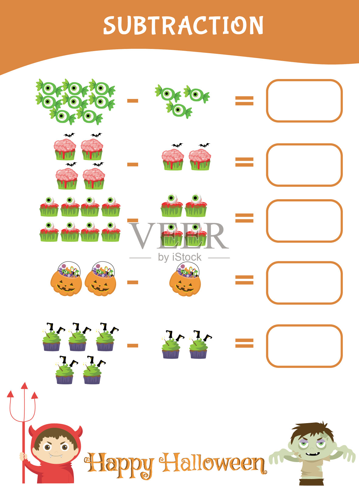 万圣节主题的数学减法作业插画图片素材