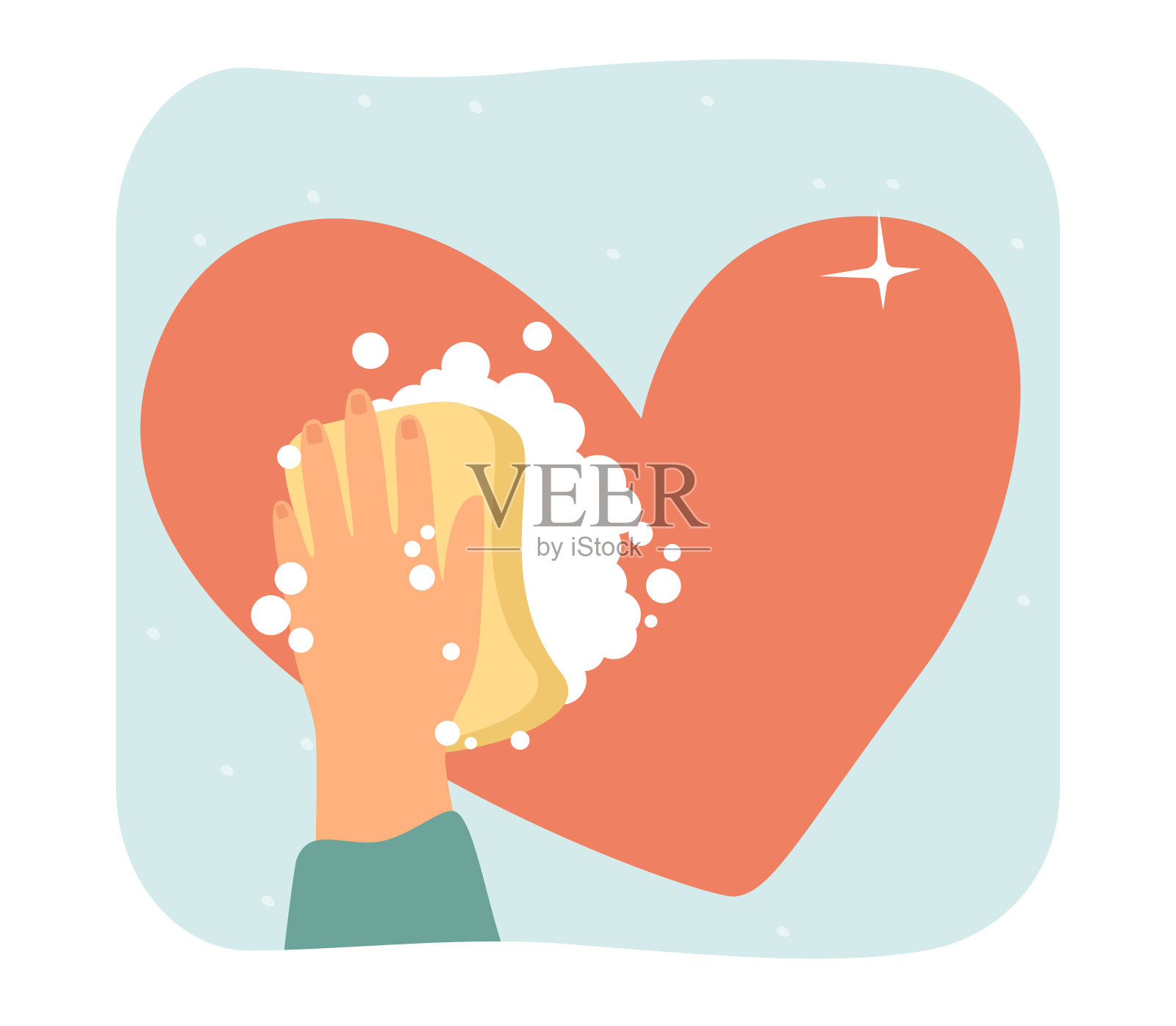 手用海绵和肥皂泡沫清洗红心表面插画图片素材