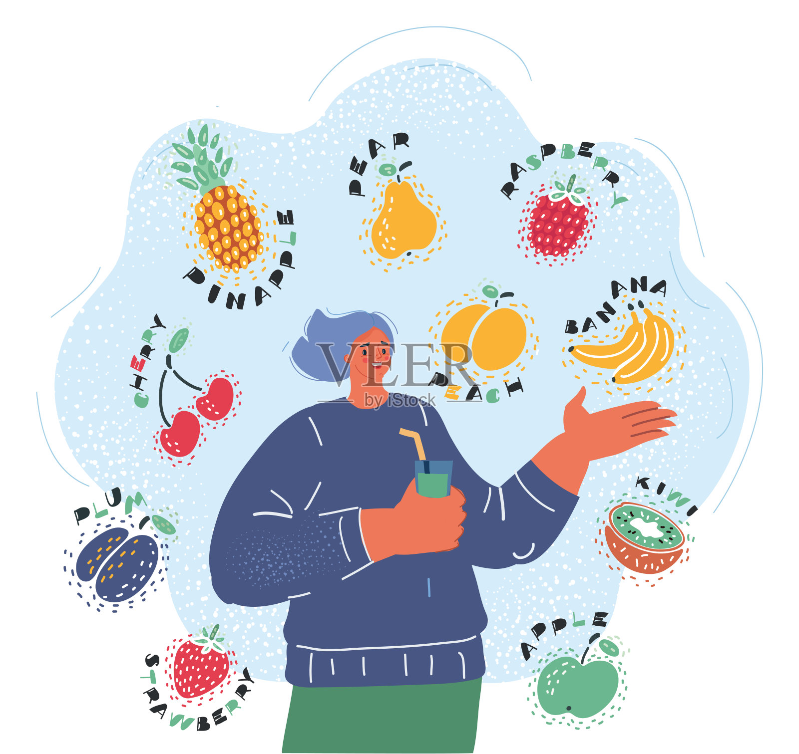矢量插图的形象的一个女人与一杯健康的奶昔和不同的水果周围。设计元素图片