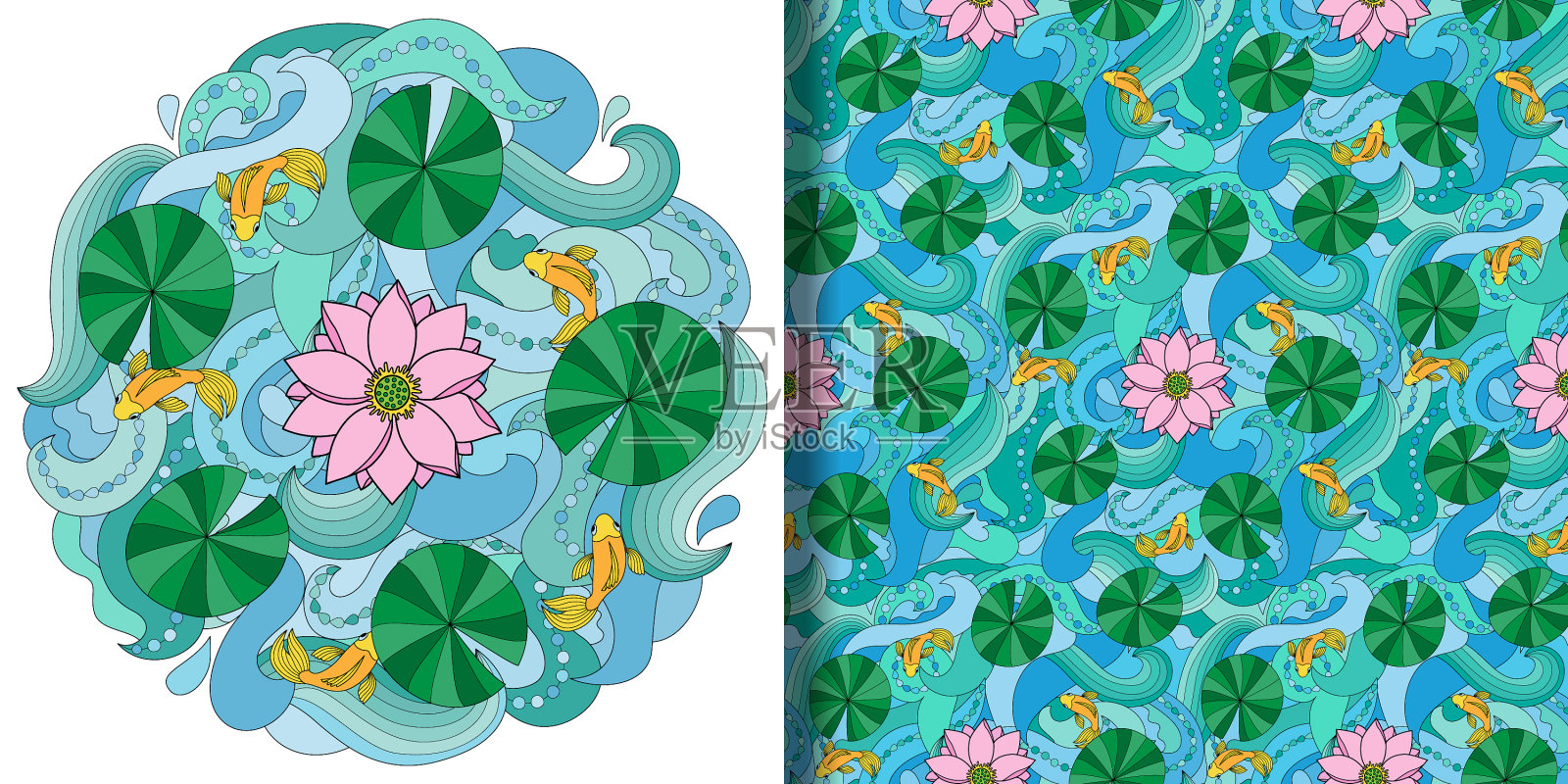 荷花鱼印无缝图案套装插画图片素材