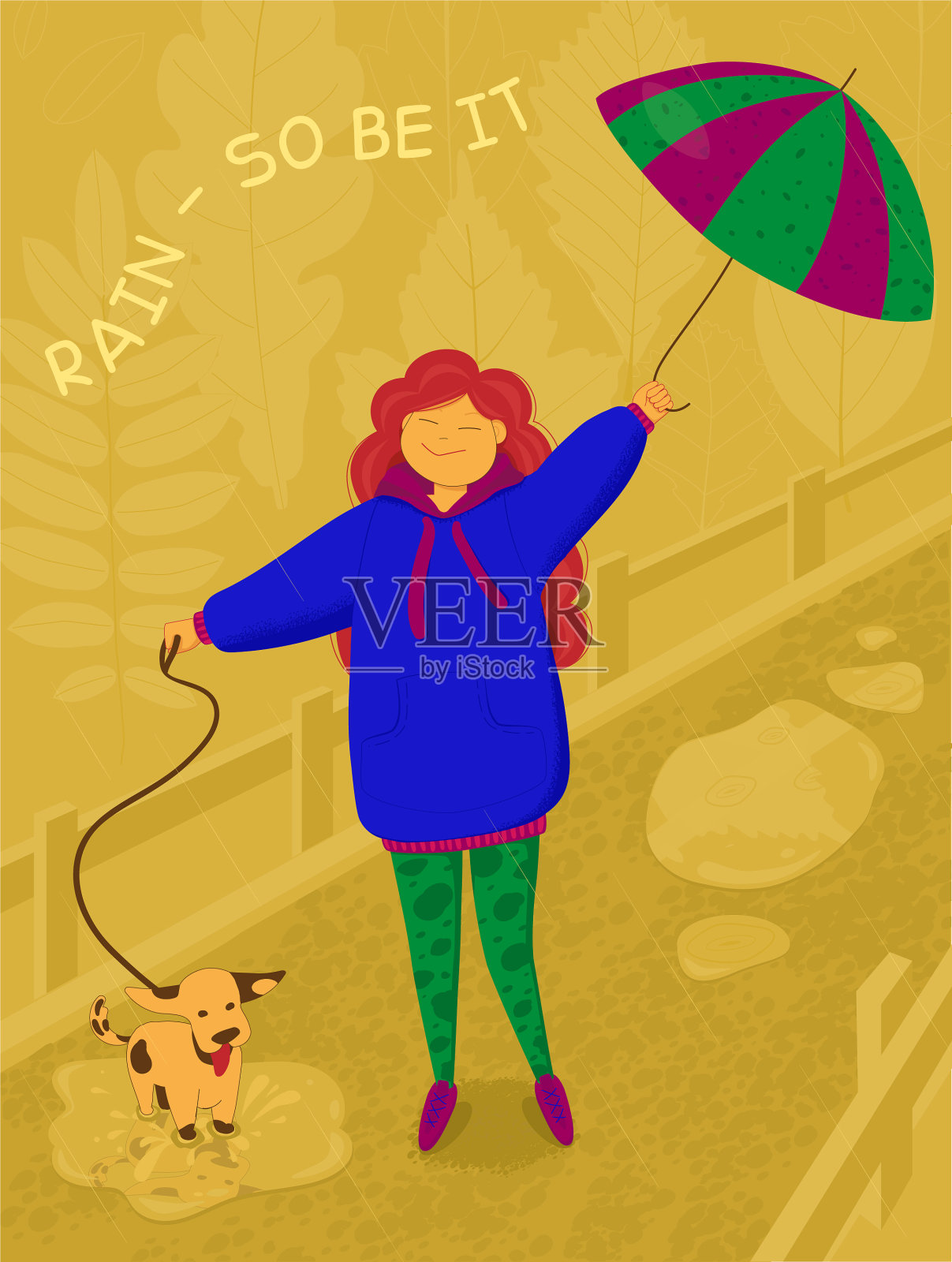 女孩撑着伞在雨中遛狗插画图片素材