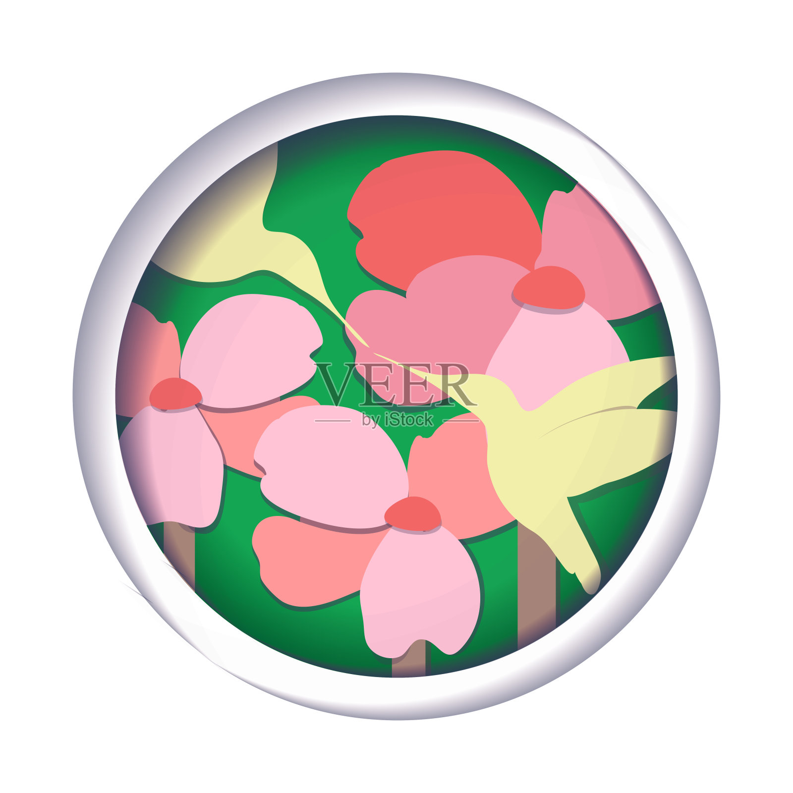 两只蜂鸟在粉红色的花朵中相遇。在风格剪纸照片摄影图片