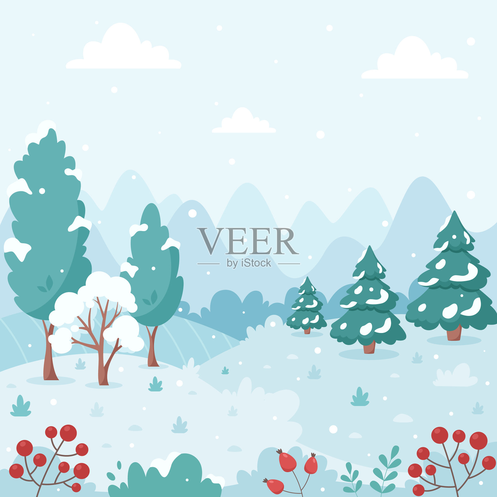 雪域的冬季景观与树木的山插画图片素材