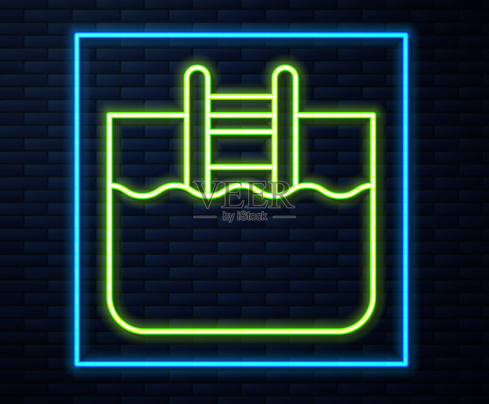 发光的霓虹灯线游泳池与梯子图标插画图片素材