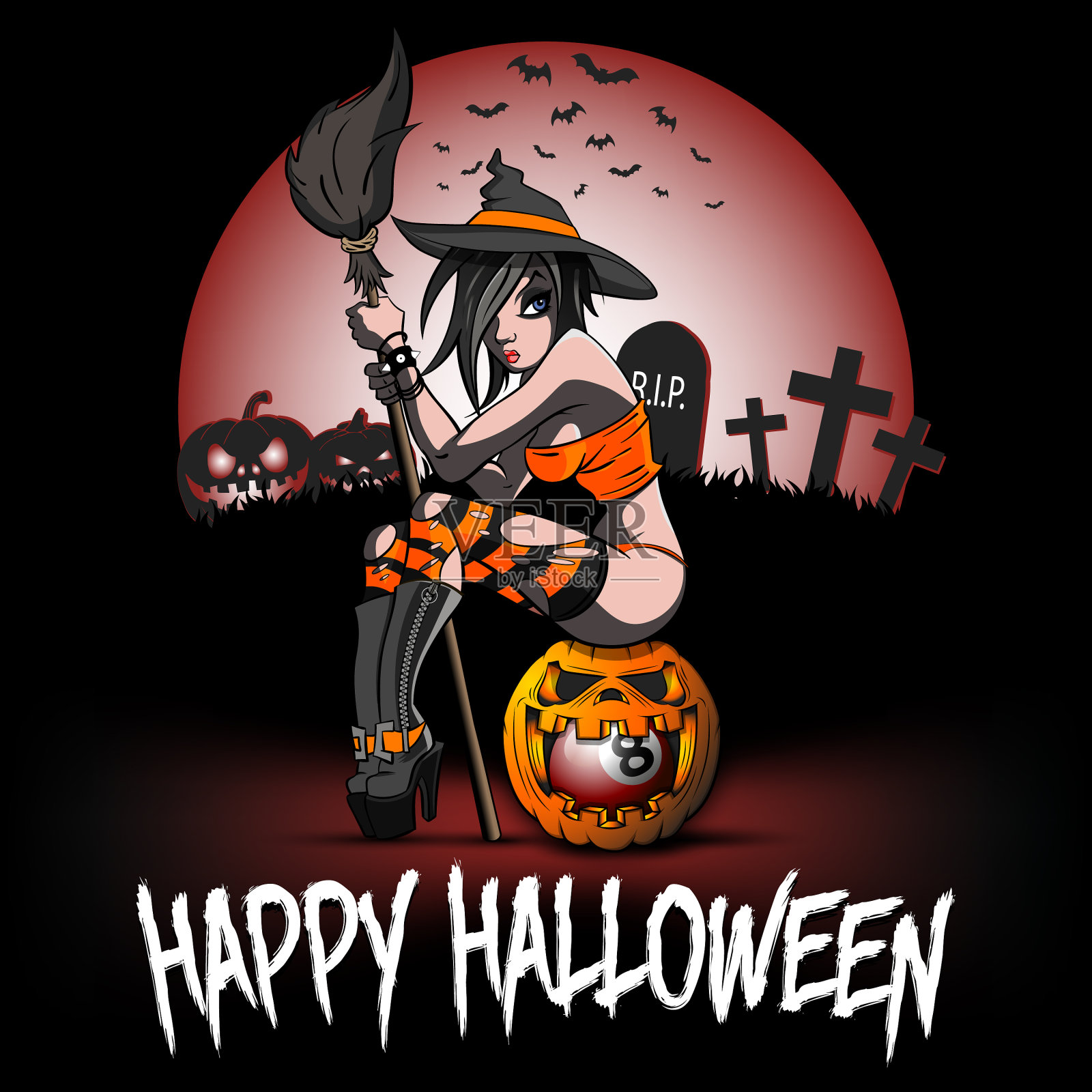 拿着台球坐在南瓜上的女巫插画图片素材