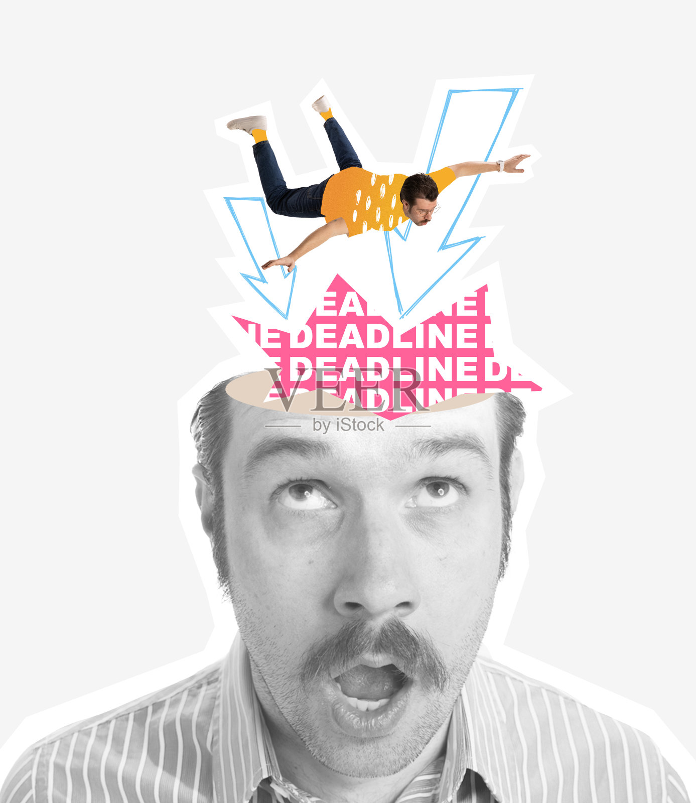 Coontemporary艺术拼贴。一幅黑白肖像，震惊的男人对工作截止日期有着丰富多彩的想法照片摄影图片