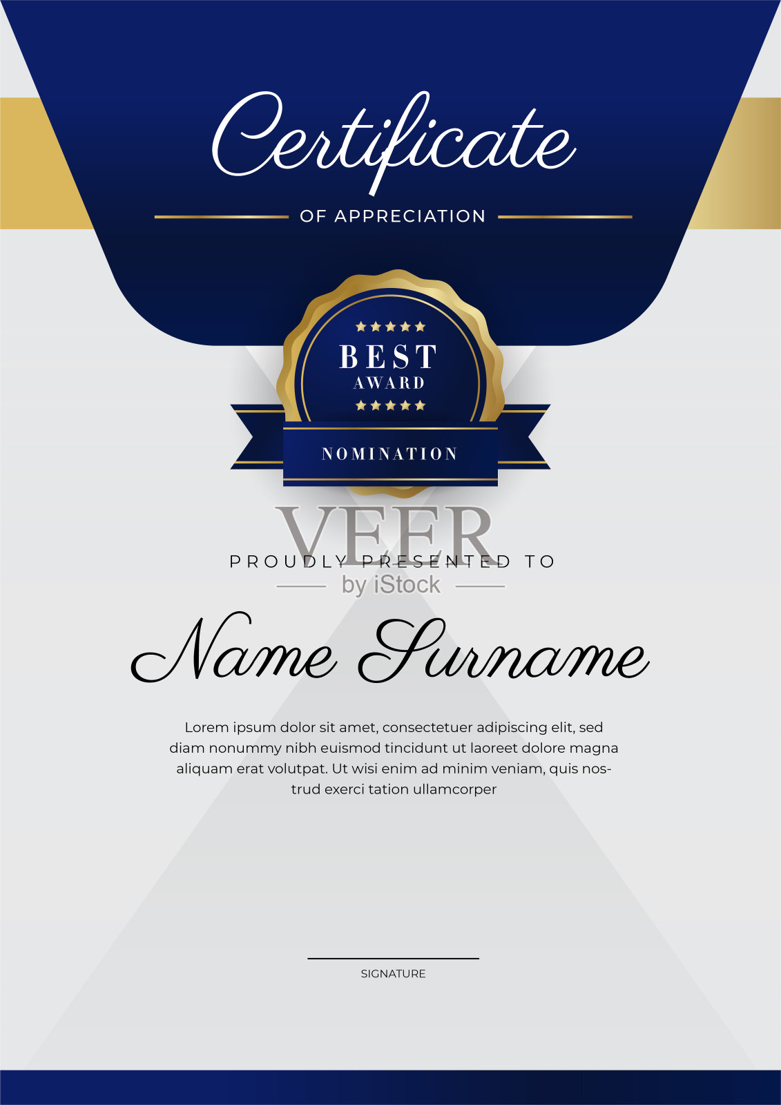 蓝色和黄金证书的成就边界模板与豪华徽章和现代线模式。为了奖励、商业和教育需求插画图片素材