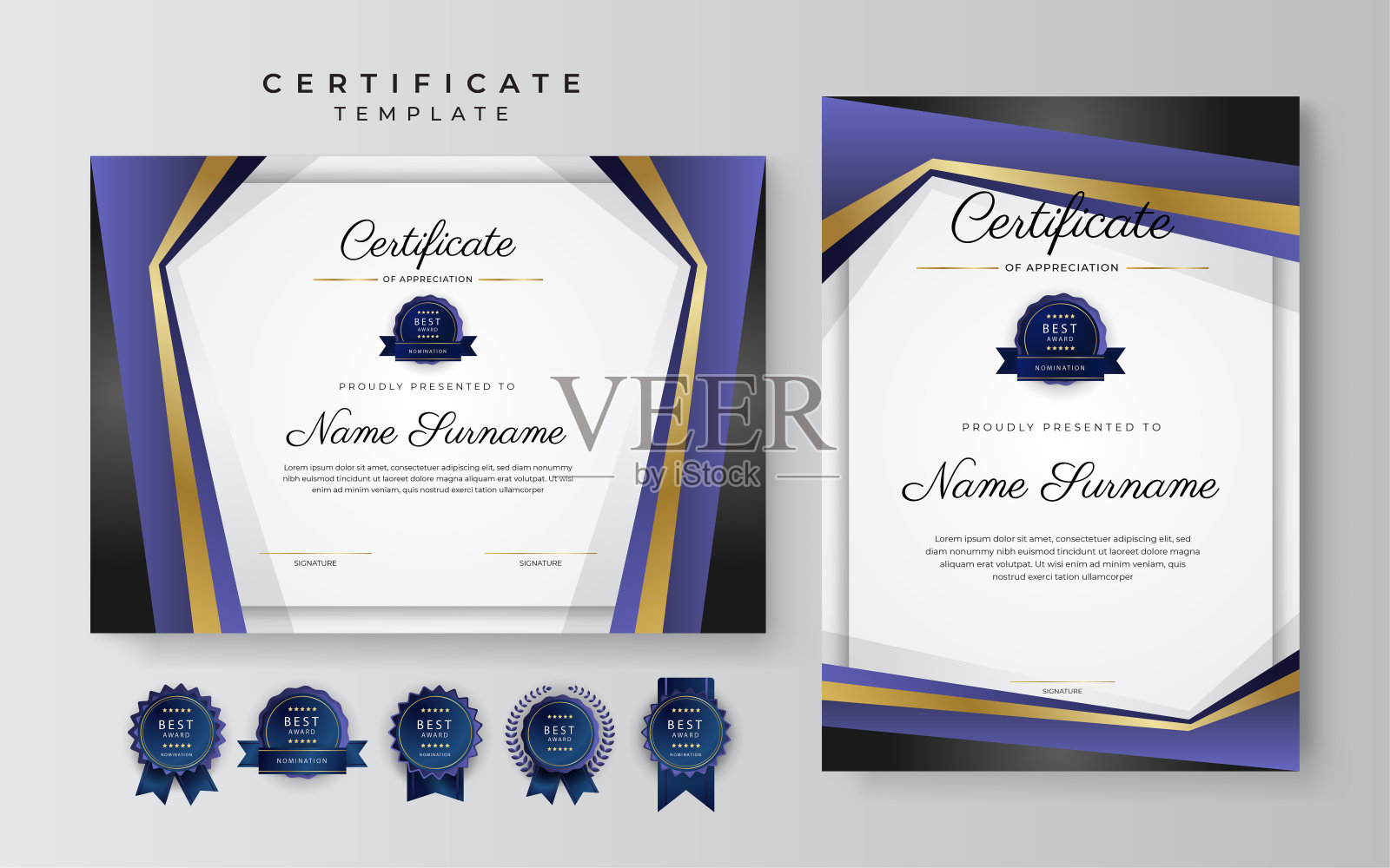 紫色和紫色霓虹灯2022成就证书边界模板与豪华徽章和现代线条图案。为了奖励、商业和教育需求设计模板素材