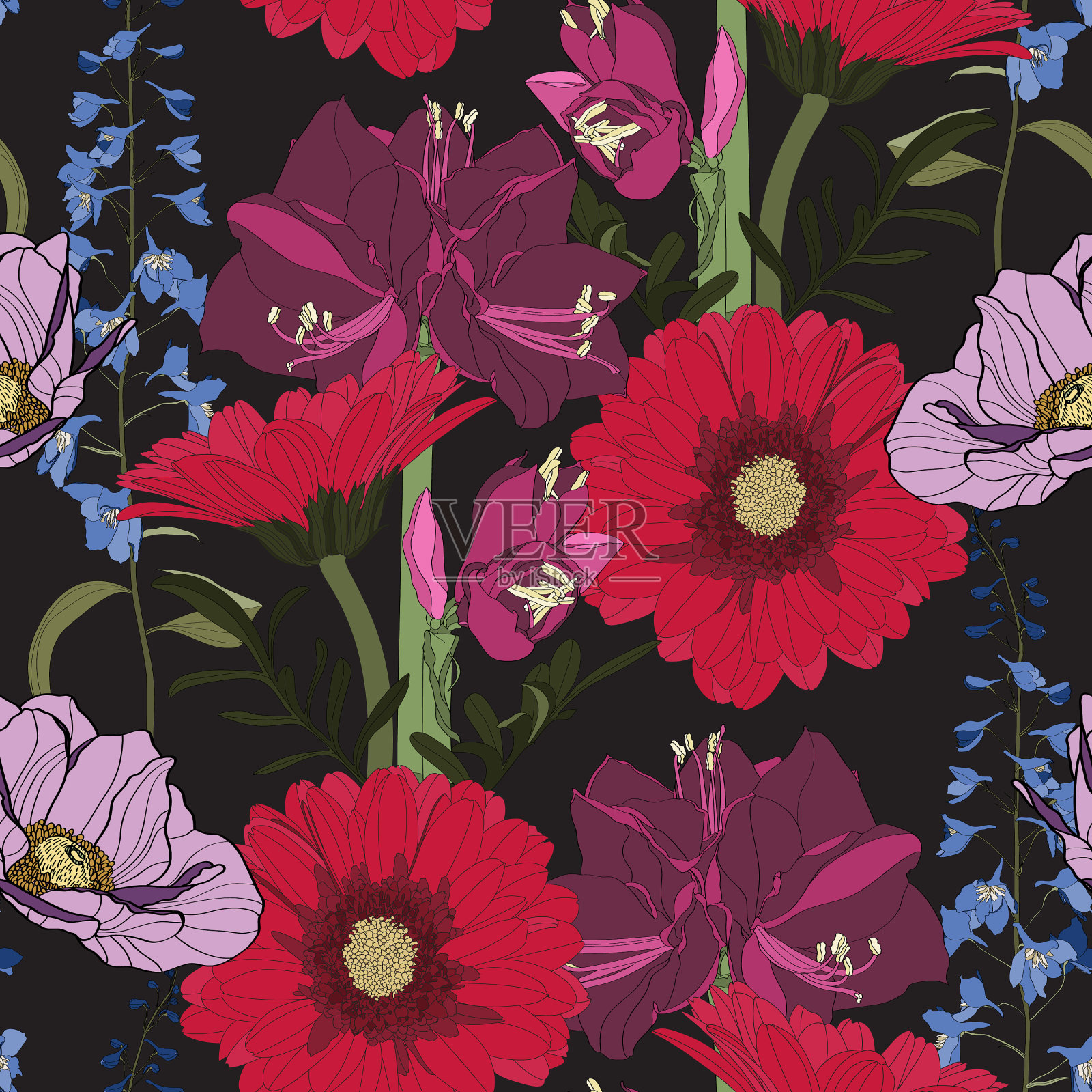 多种园林花卉无缝图案插画图片素材