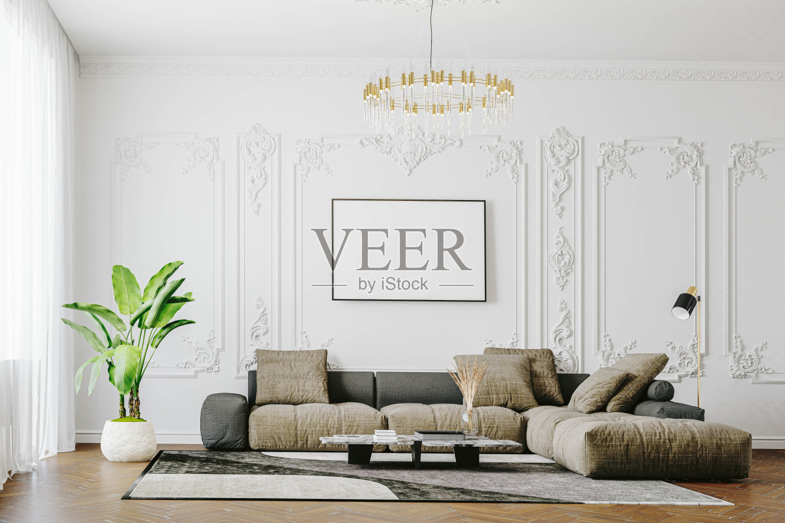 3d渲染美丽的室内设计与空白模拟框架照片摄影图片