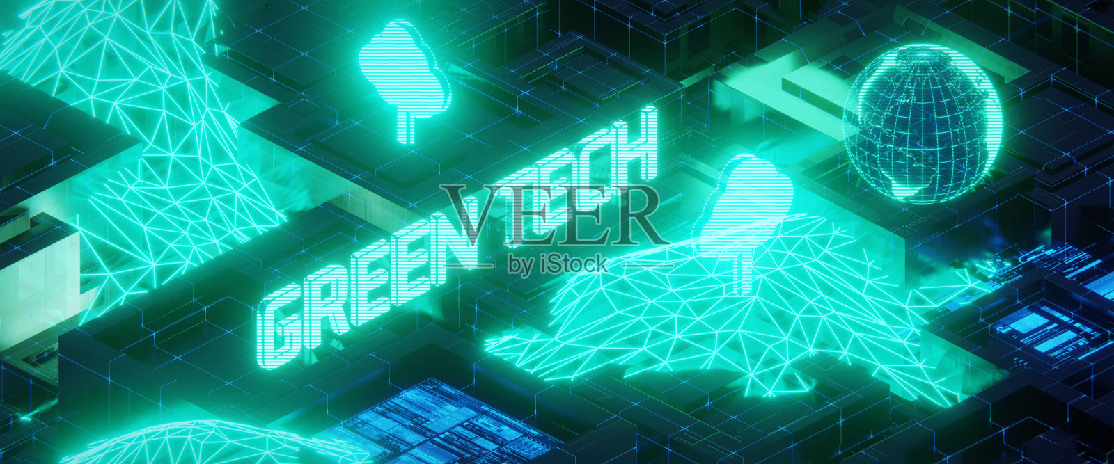 绿色科技概念的等距图解。三维渲染照片摄影图片