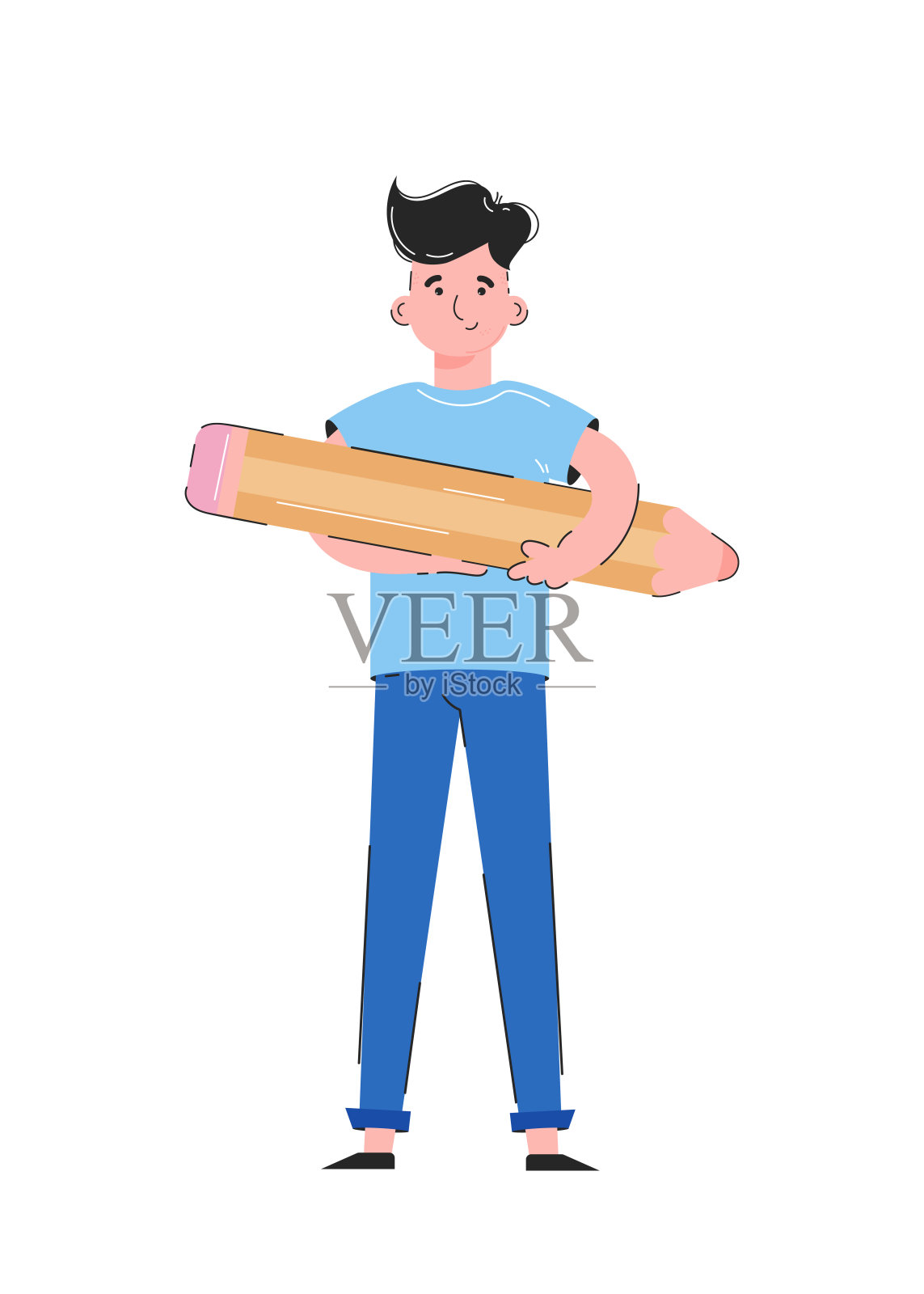 这个人拿着一支铅笔。孤立在白色背景。适用于应用程序、演示和网站。向量。插画图片素材