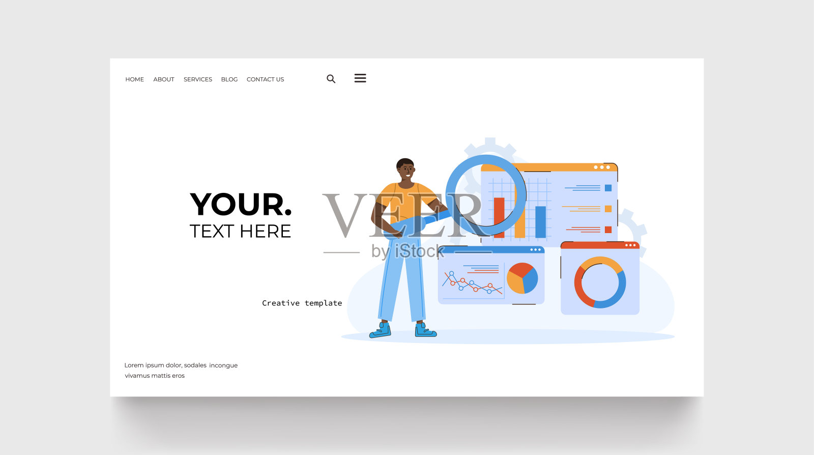商业分析概念登陆页面。男人站在网窗边，拿着图表和统计数据。矢量图插画图片素材