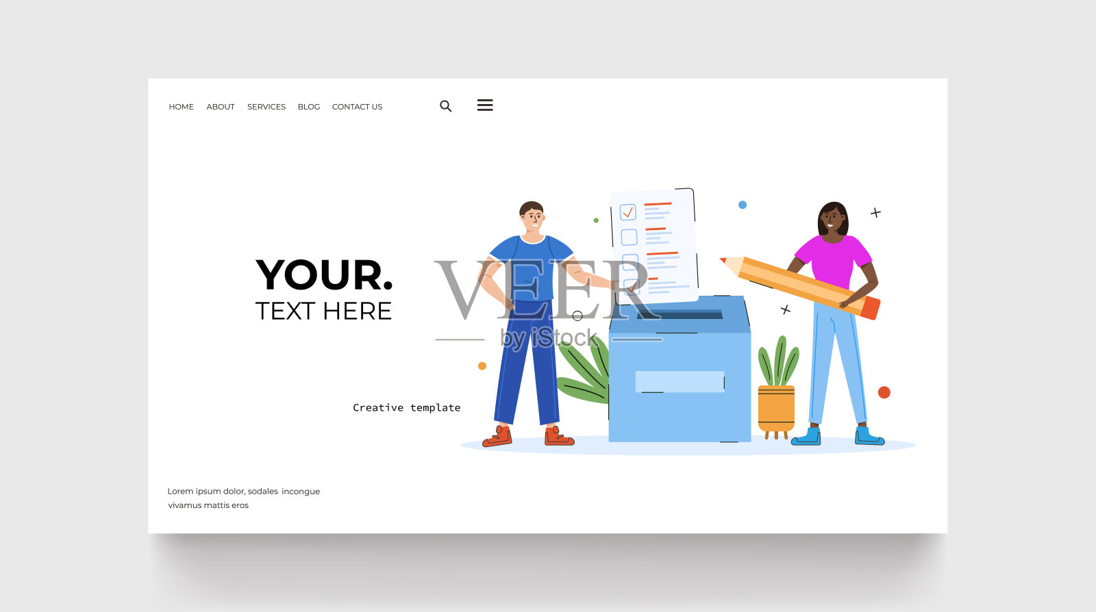 投票概念登陆页面。年轻人拿着空白，女人拿着铅笔做选择。矢量图的概念插画图片素材