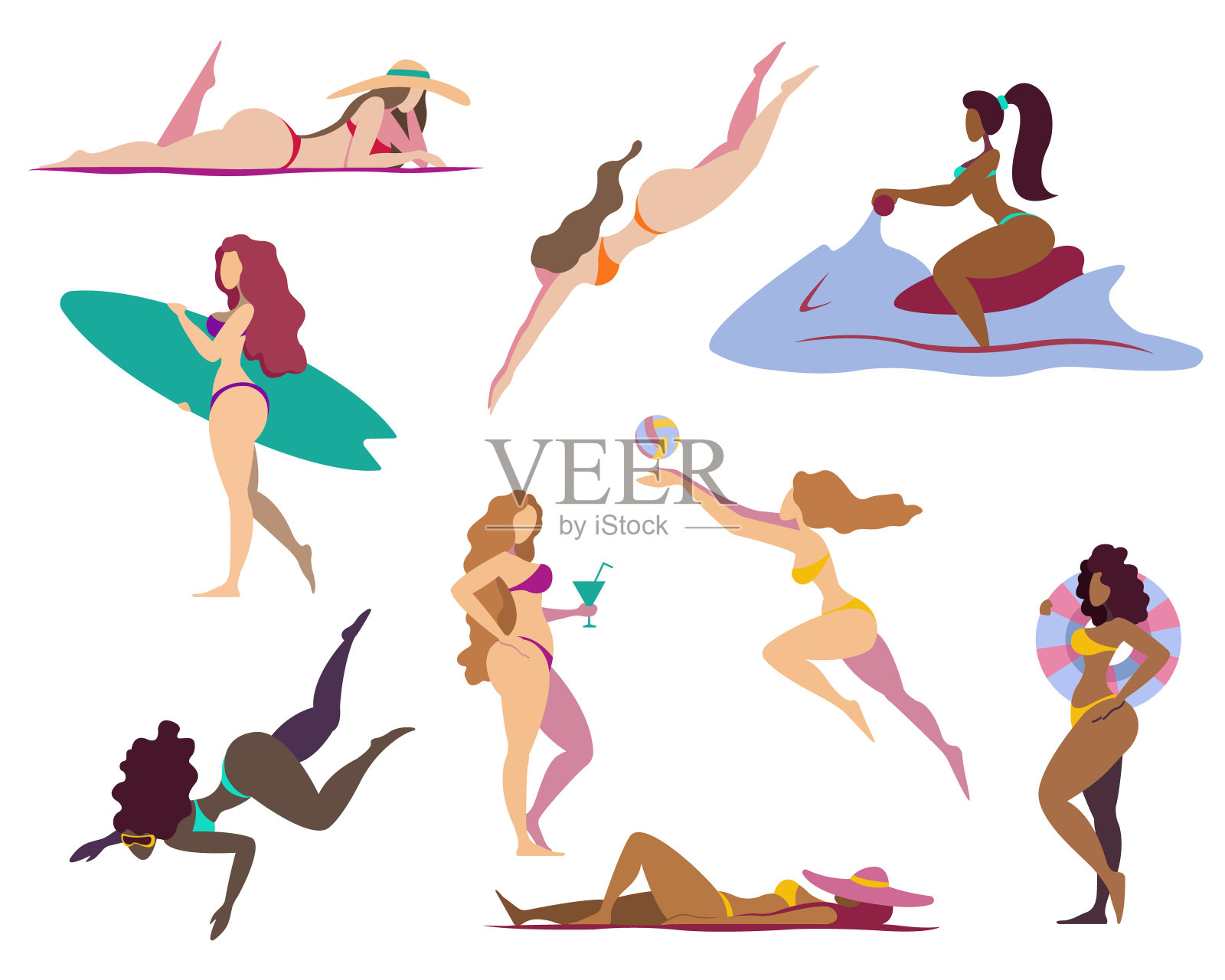 沙滩上的女孩。一套平面插图向量插画图片素材