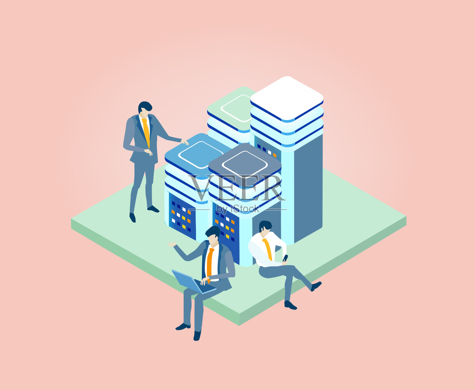 等距3D业务环境，业务人员在服务器室工作和交流。技术、成功、互联网、数据保护和个人安全概念信息图说明。插画图片素材