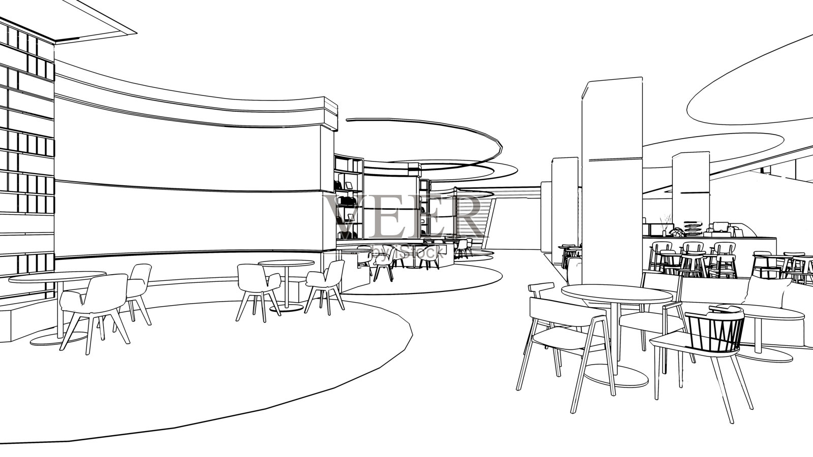 咖啡厅线条绘制，现代设计，3d渲染照片摄影图片