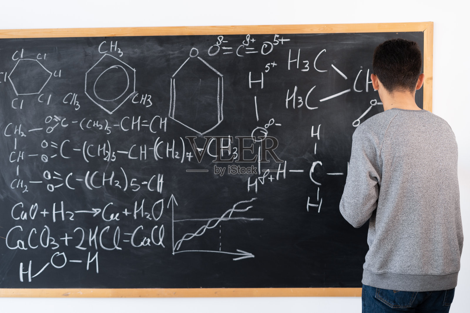 阿拉伯化学老师在黑板上写公式，大学化学讲座，青少年教育和科学照片摄影图片