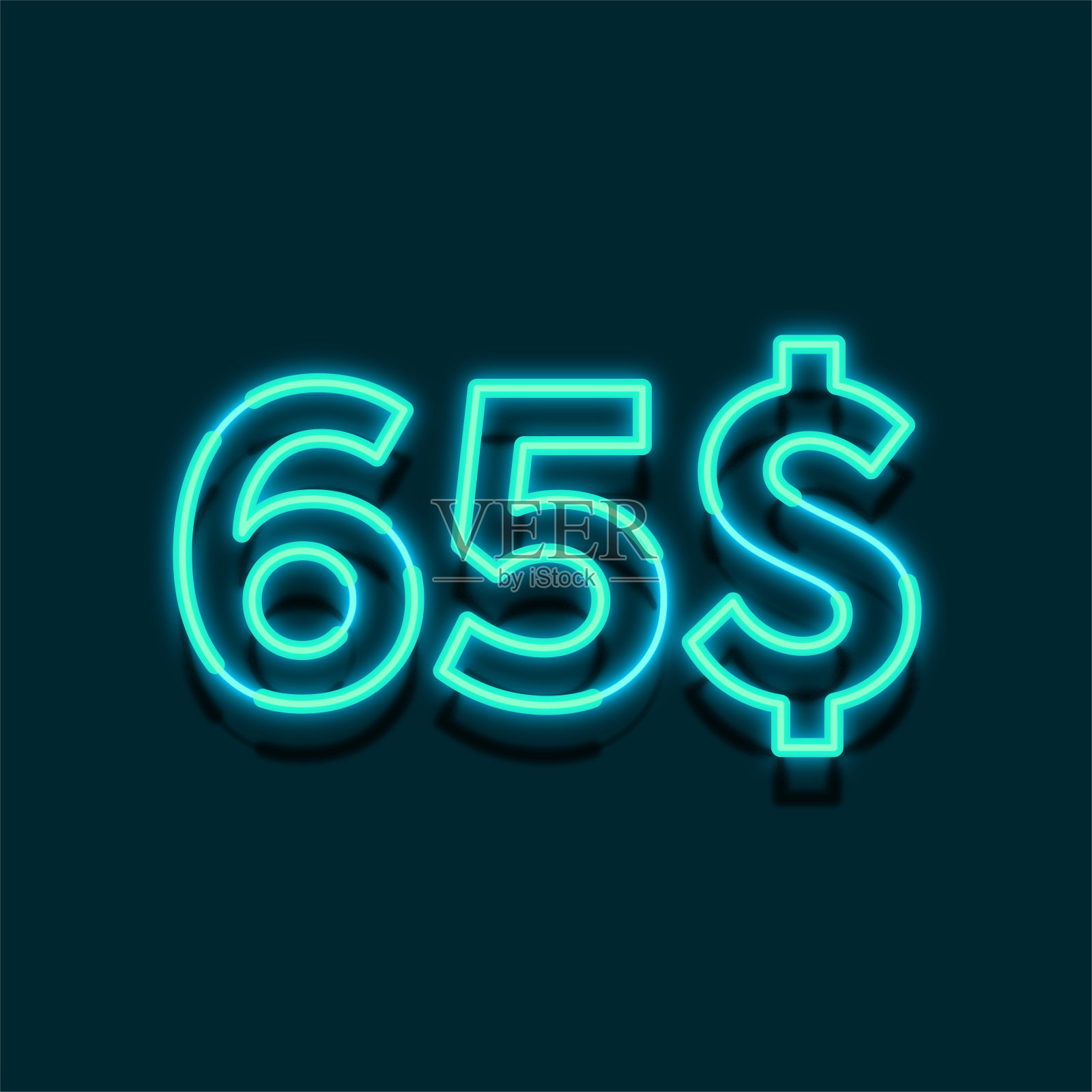 霓虹灯$ 65的价格标志设计。绿色背景，享65元特惠插画图片素材