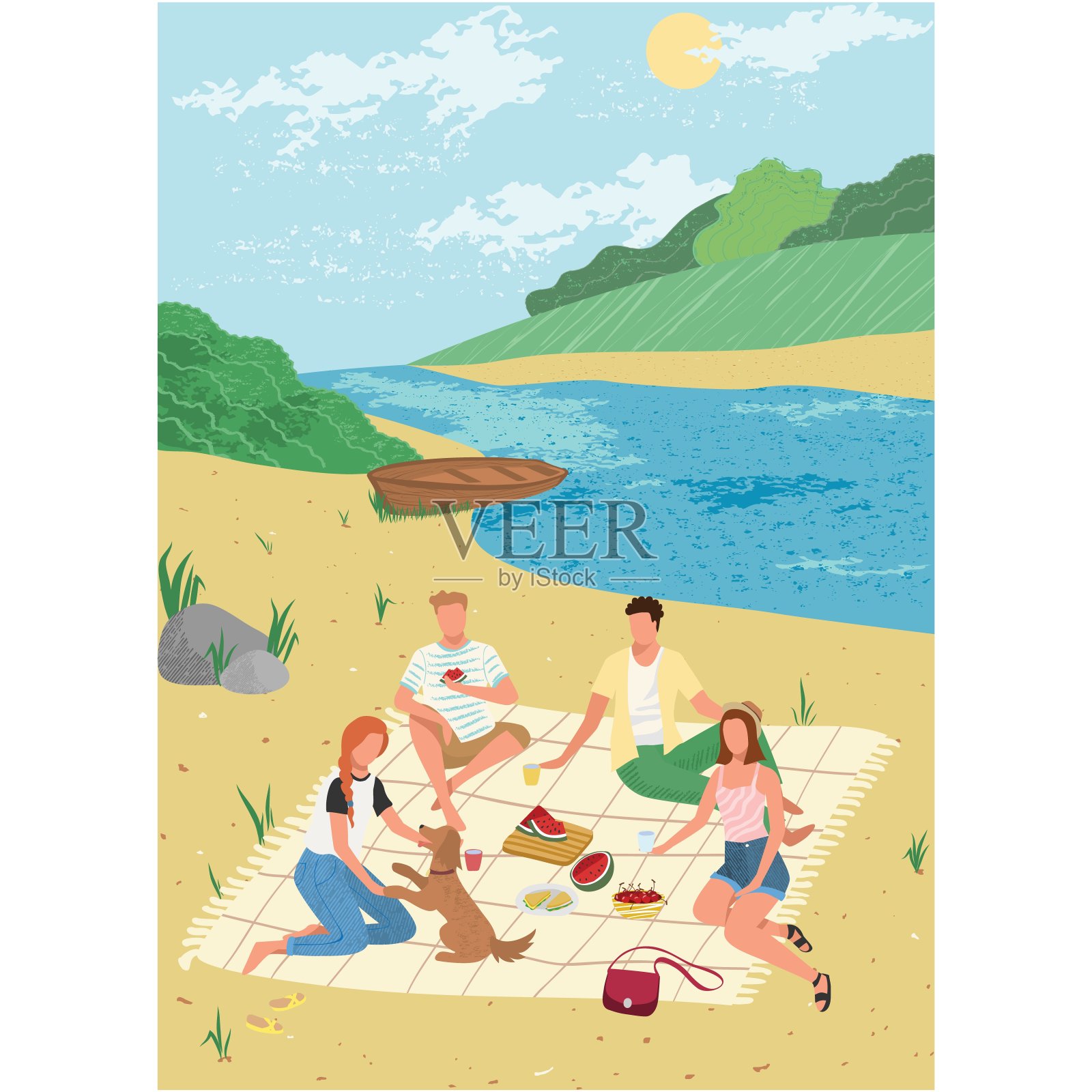 朋友们夏天在河边野餐矢量卡通插画图片素材