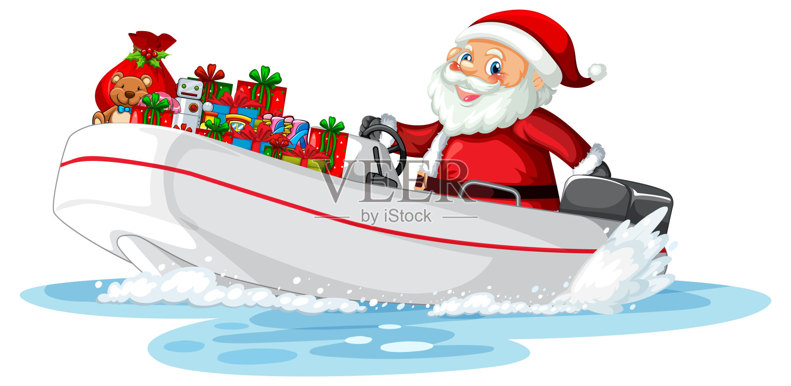 圣诞老人带着礼物在船上插画图片素材