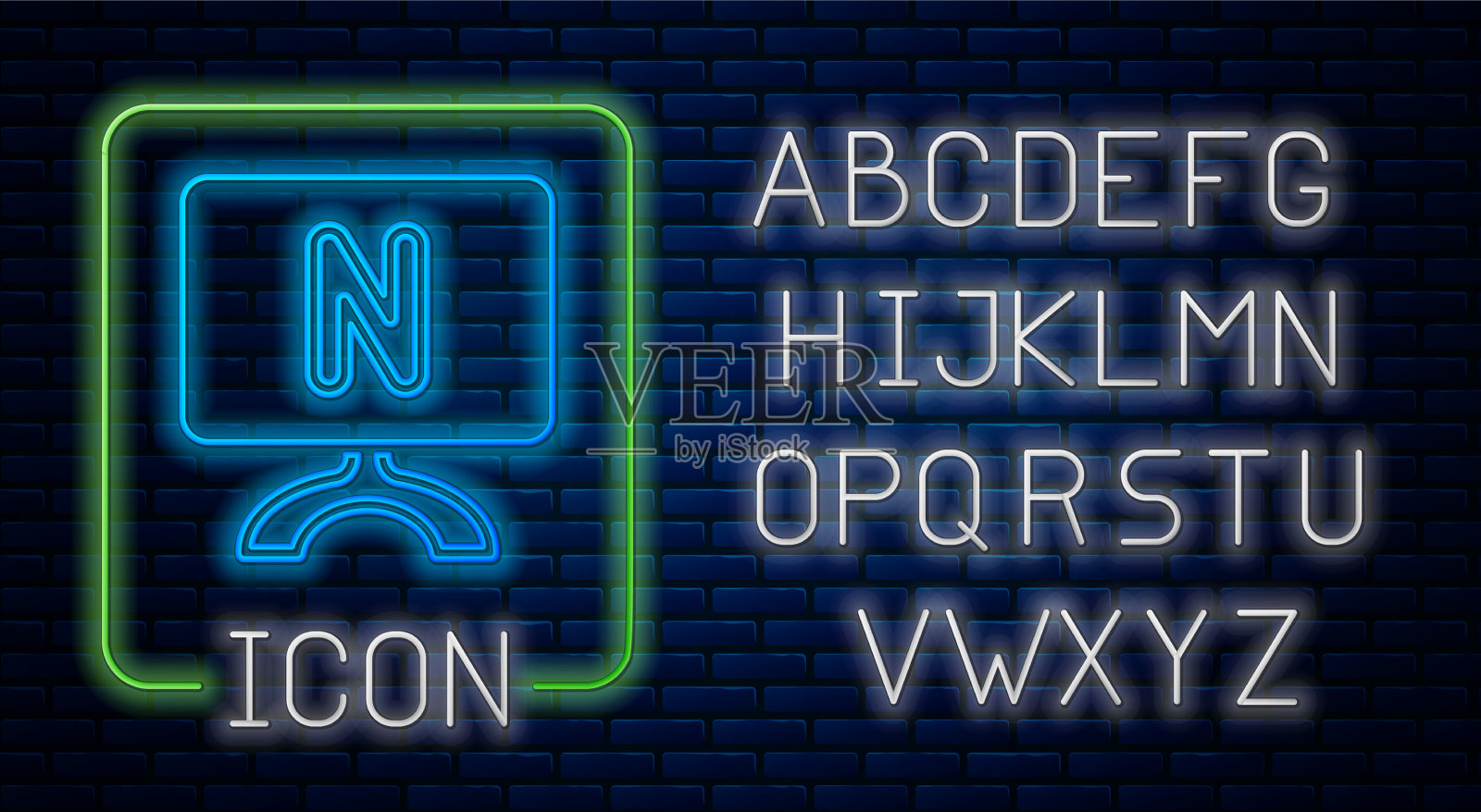 发光的霓虹灯智能电视图标孤立在砖墙上插画图片素材