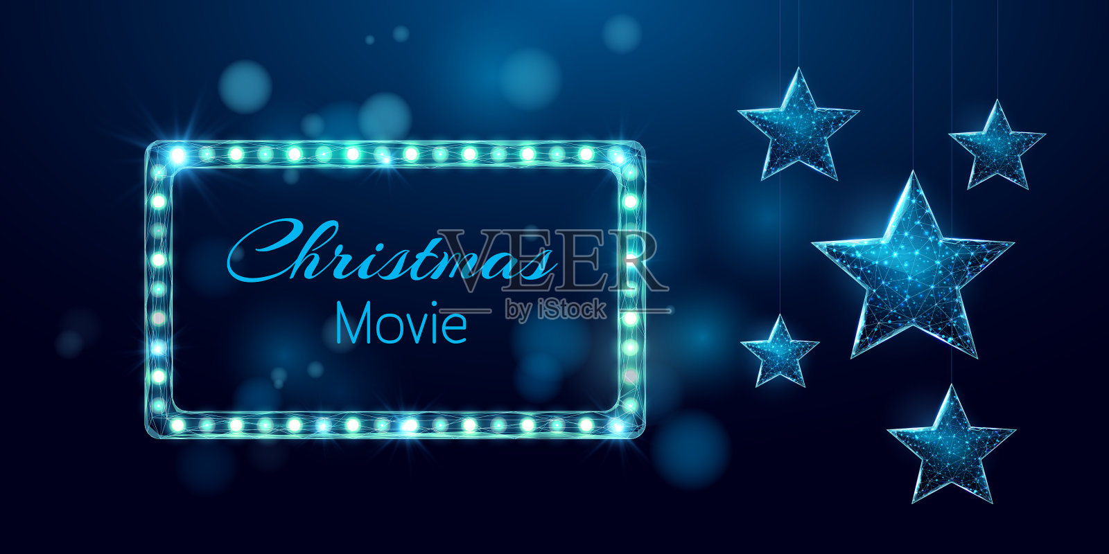 圣诞电影之夜横幅线框明星和插画图片素材