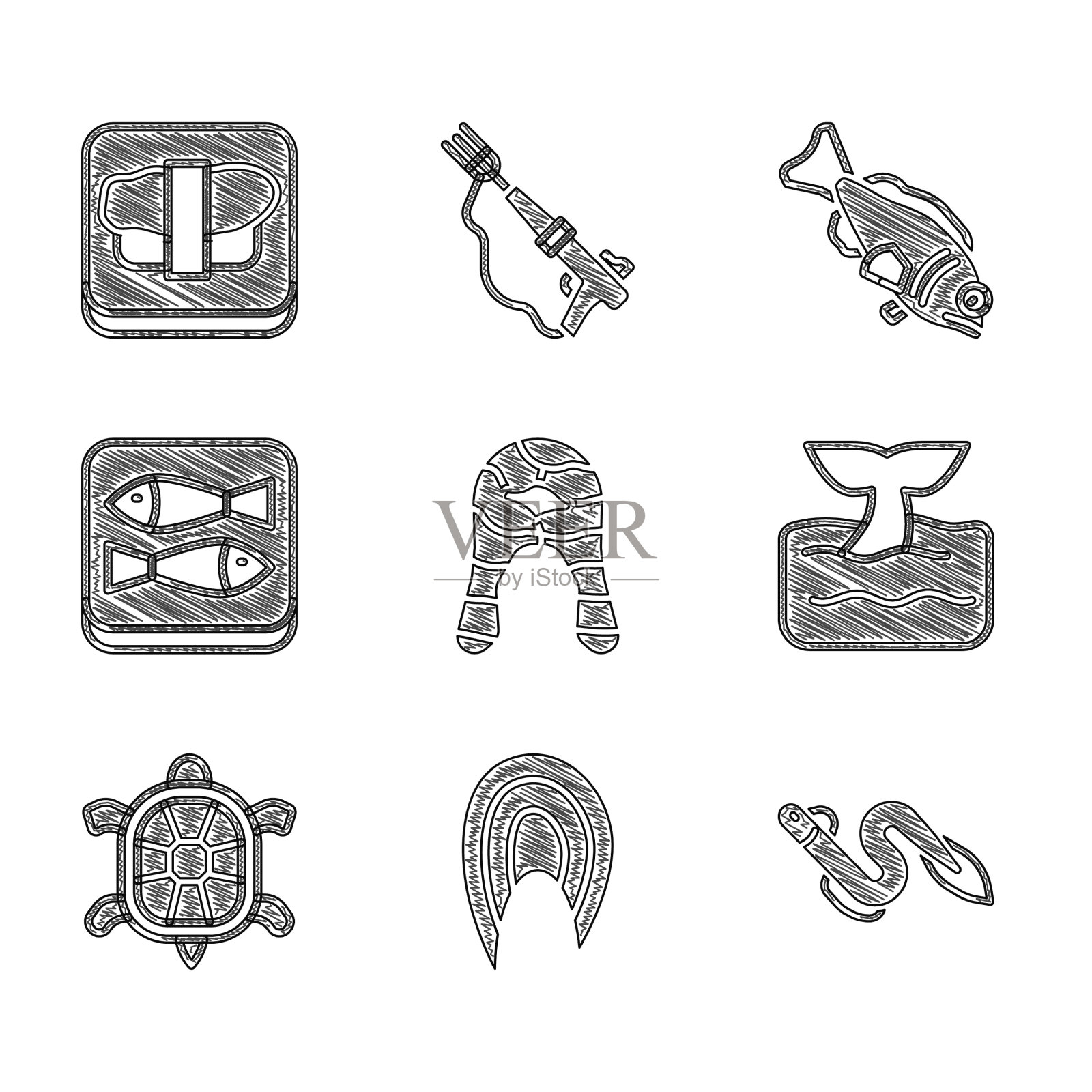 将鱼排、鳗鱼、鱼、鲸尾置于海浪中图标素材