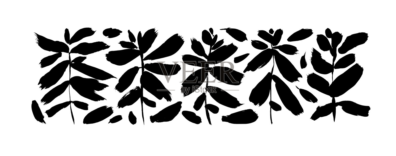 黑色的剪影，粗壮的树叶和细枝。插画图片素材