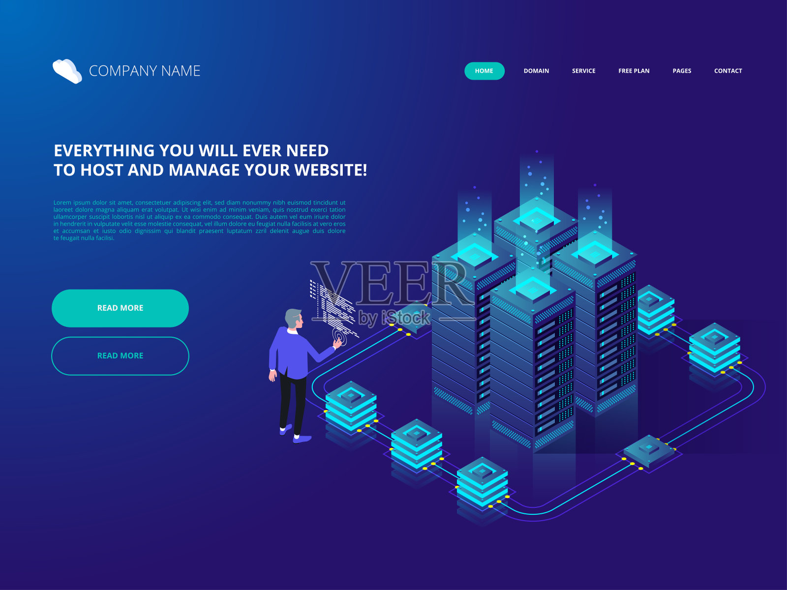 数据中心云计算机连接托管服务器数据库。插画图片素材