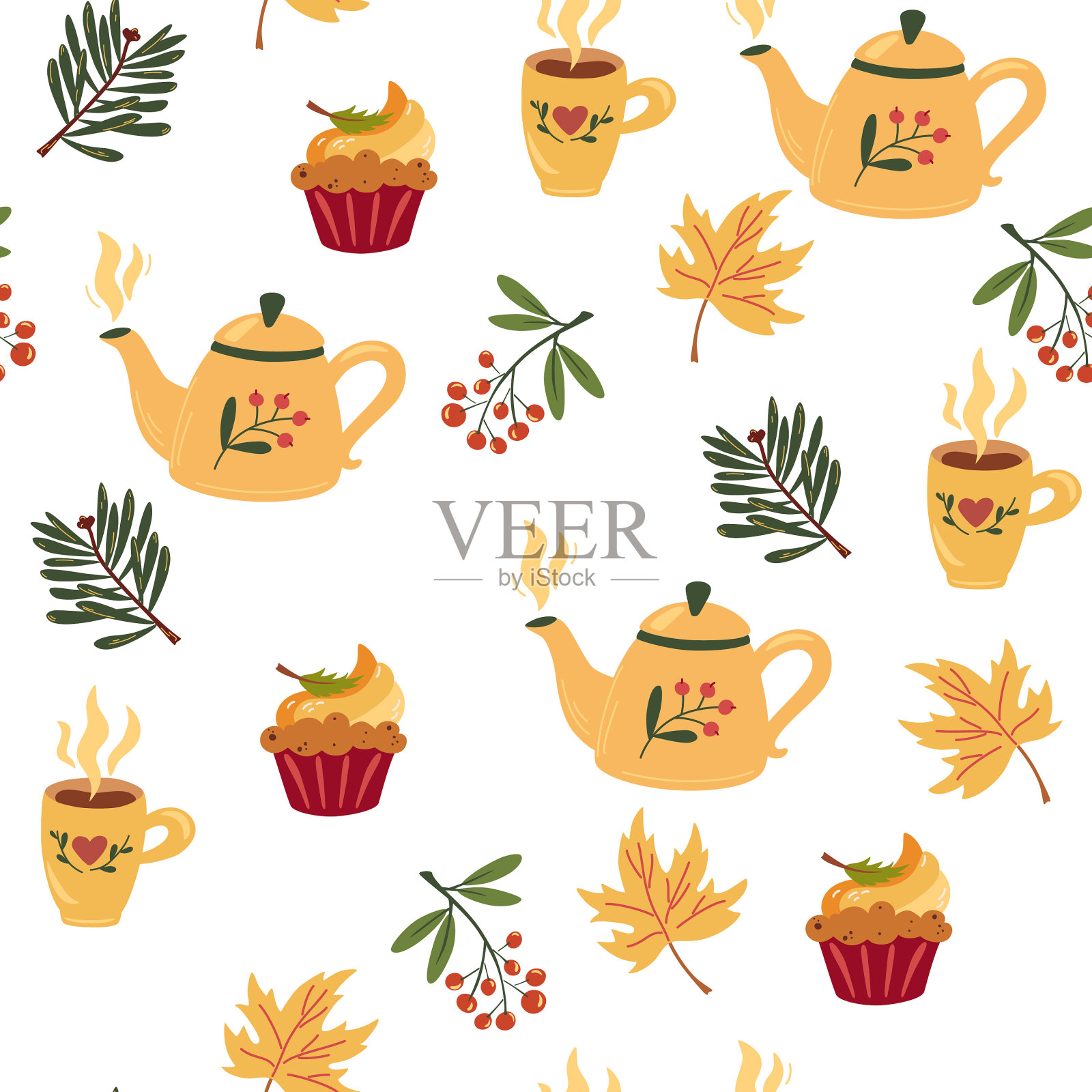 秋茶会无缝图案茶壶杯饼插画图片素材