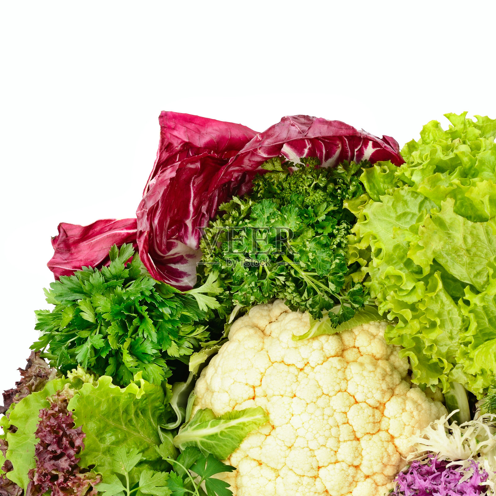 蔬菜和绿叶蔬菜孤立在白色。放置你的文本。从以上观点。照片摄影图片