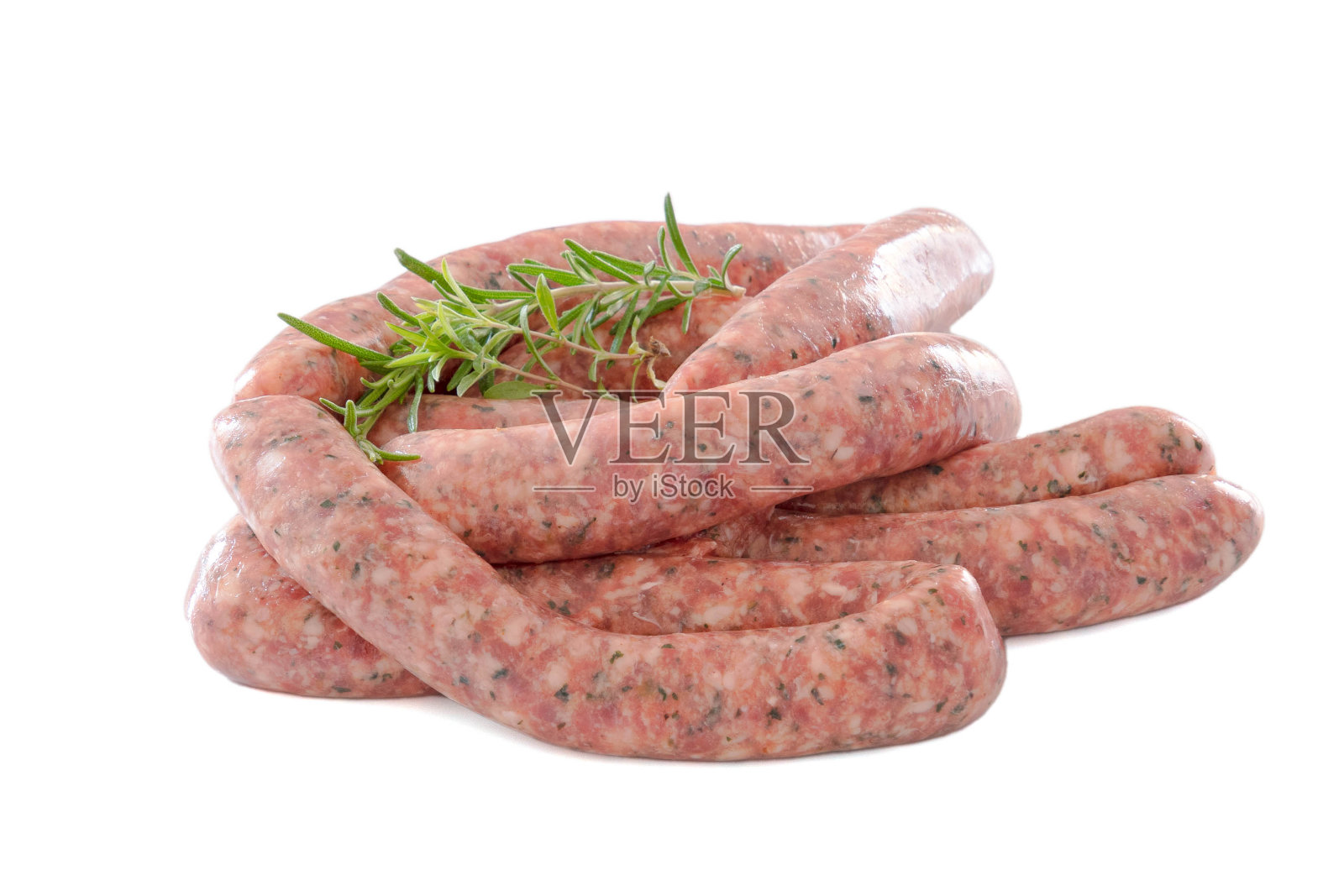 香肠和香草分离在白色的背景照片摄影图片