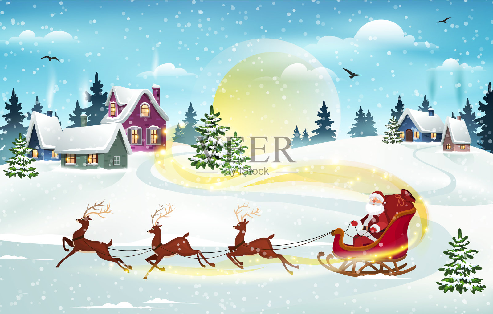 圣诞老人和驯鹿的圣诞场景插画图片素材