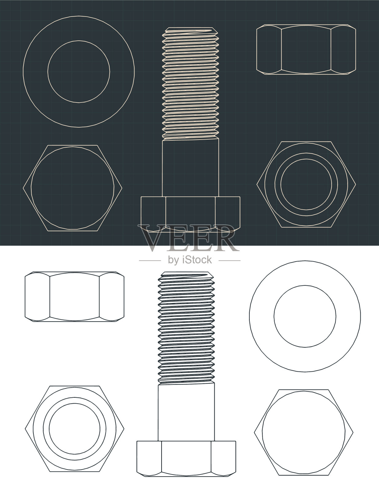 六角螺栓和螺母头蓝图插画图片素材